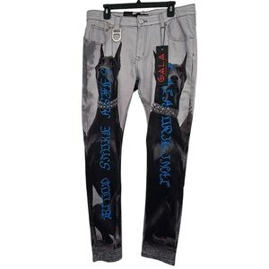 Gala Jeans NWT $180 Doberman Dog Graphic Gothic Blue Script Streetwear Sz W36